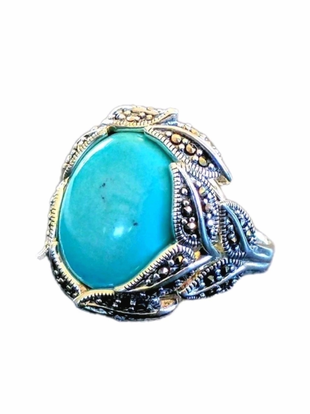 Oval Turquoise Ring in Wreath of Marcasite Leaves Sz 8 Sterling Silver
